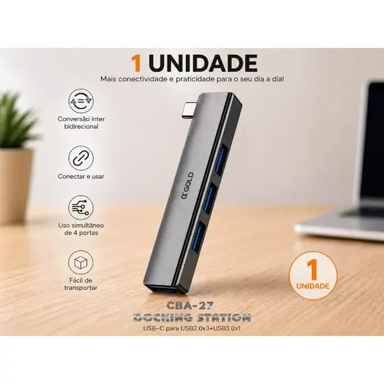 HUB USB-C USB3.0 OTG Type C 5Gbps Multi Entrada 4 Em 1Teclado, Mouse, Notebook, Celular, Câmera