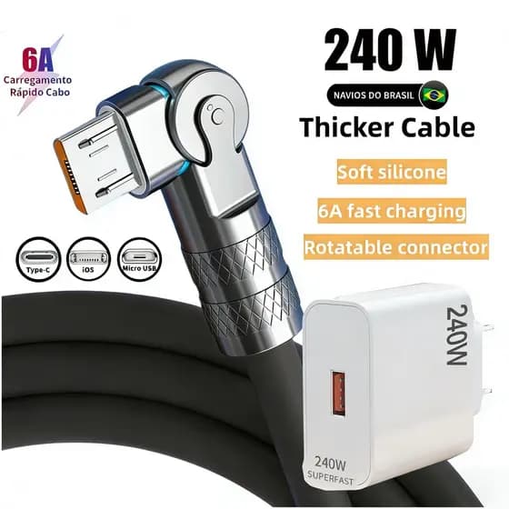 180 ° Rotação De Carregamento Rápido 1.2M Micro USB Tipo-C iOS Cabo Silicone Indicador LED 240W Carregador Adaptador Des