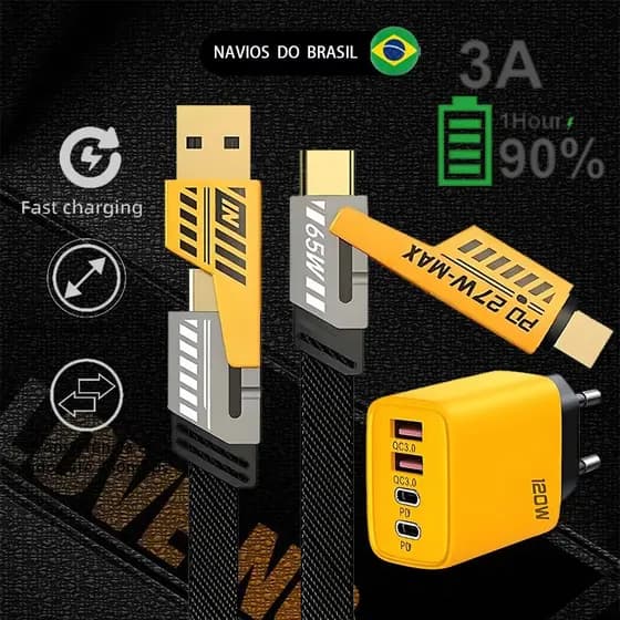 Carregador Rápido 120W 2C + 2USB 4 Portas Tipo C Carga Rápida 3.0 Adaptador De USB Para iOS Cabos De Fio Desejo