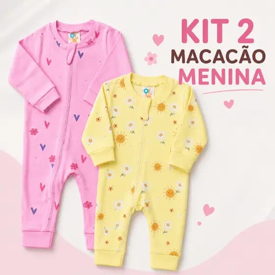 Kit 2 Macacão Bebê Menina Zíper Confortável Manga Longa