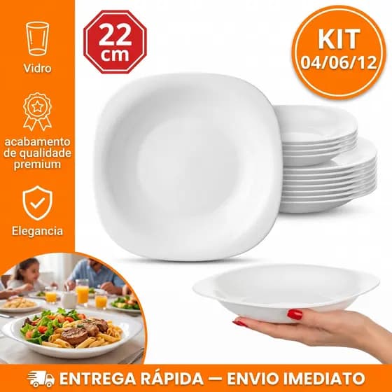 Kit Jogo 04/06/12 UN Pratos de vidro Quadrado Fundo Opaline Duralex Plaza Liso Almoço Jantar Hotel