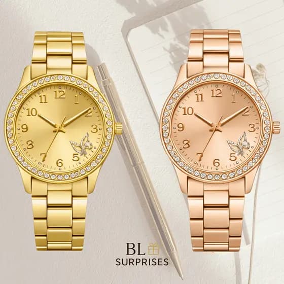 2 Relógios Femininos, Prata, Rose e Dourado Banhado a Ouro 18K Quartzo em Aço Inoxidável.