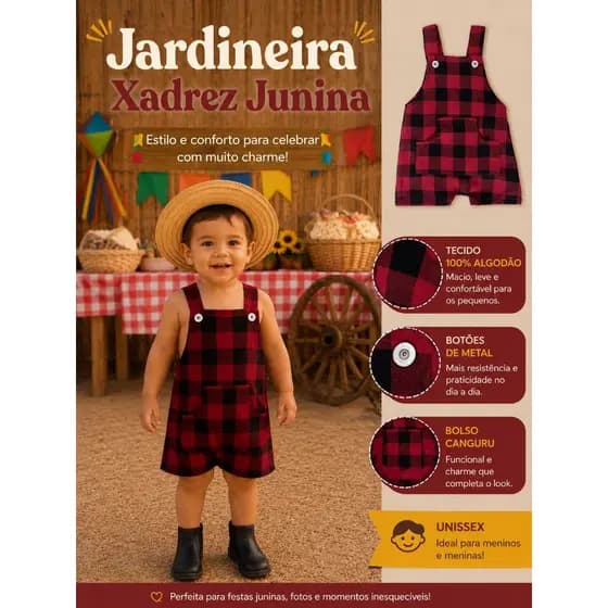 Macacão Jardineira Junino Xadrez Festa Quadriculado Bebê Infantil com Bolso Canguru