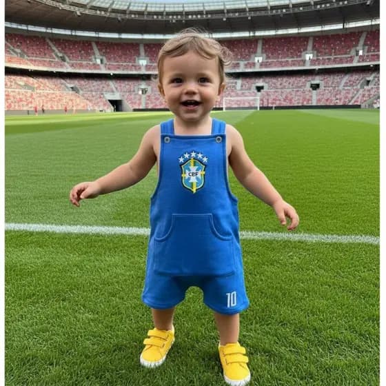 Jardineira Macacão Patriota Brasil Bebê Infantil Bordada com bolso