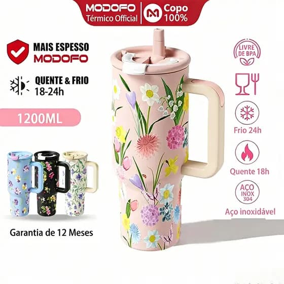 MODOFO Garrafa térmica de água 1.2 litro/40OZ grande Copo Termico De Agua Com Canudo Tampa Alça Escova para canudos