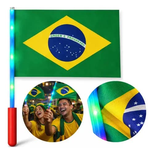 Bandeira De Mão 28cm Com Led Luz Brasil Copa Do Mundo Verde/ Vermelho/ Azul