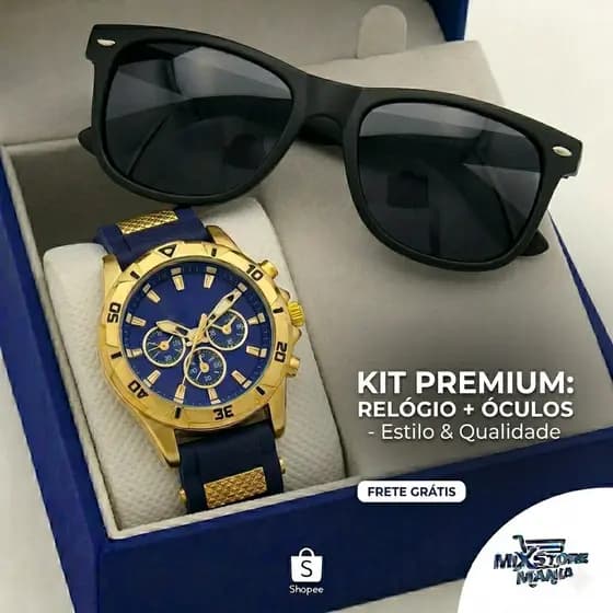 Kit Masculino Relógio de Luxo Silicone Premium + Óculos de Sol Quadrado Estilo Justin Moderno Resistente Original