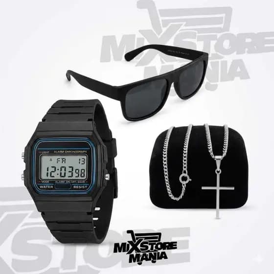 Kit Masculino Relógio Digital Retrô Vintage + Óculos de Sol Quadrado + Corrente com Pingente Cruz (Prata ou Dourado)