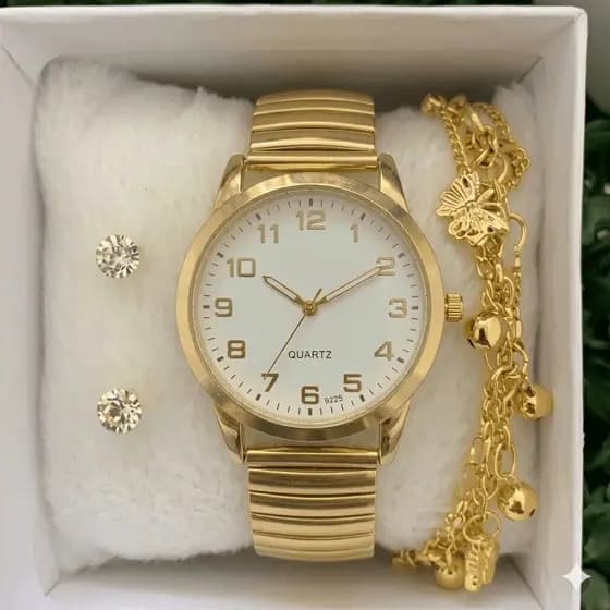 Relógio Feminino Analógico Luxo Pulseira Elástica + Conjunto Pulseira e Brincos Kit Presente