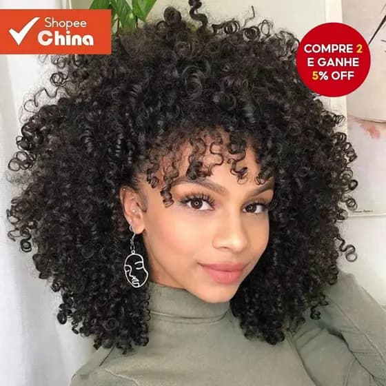 Peruca de Cabelo Cacheado Pequena para Mulheres, Peruca Cacheada de Fibra Humana Preta Natural, Cabelo Cacheado Org FSTZ