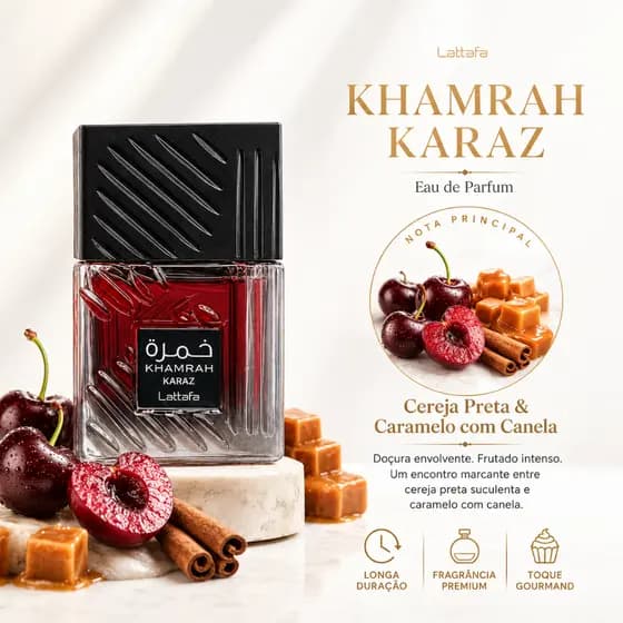Perfume Árabe Lattafa Khamrah Karaz EDP Amadeirado Gourmet