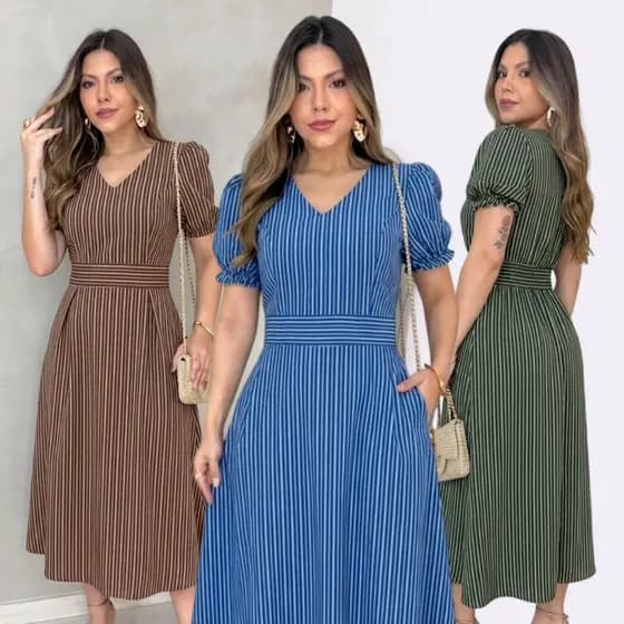 Vestido Midi Listrado com Gola em V Bolso Usual Manga Princesa Elegante Confortavel Feminino