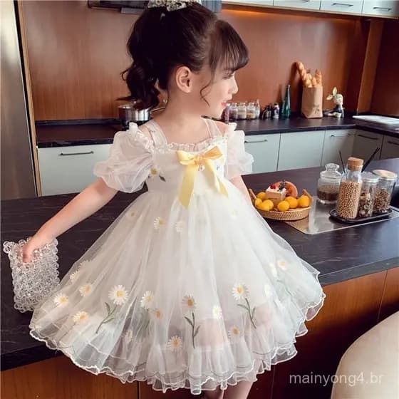 Vestido De Festa Princesa Para Meninas Verão Saia Infantil Nova Malha Pequena Margarida Fora Do Ombro