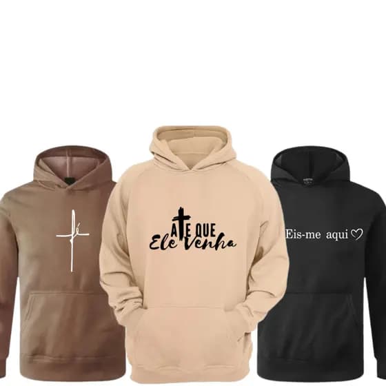 Kit 3 Blusa de Frio Feminina E Masculina Moletom Canguru Estampado Frases Cristã Envio Imediato