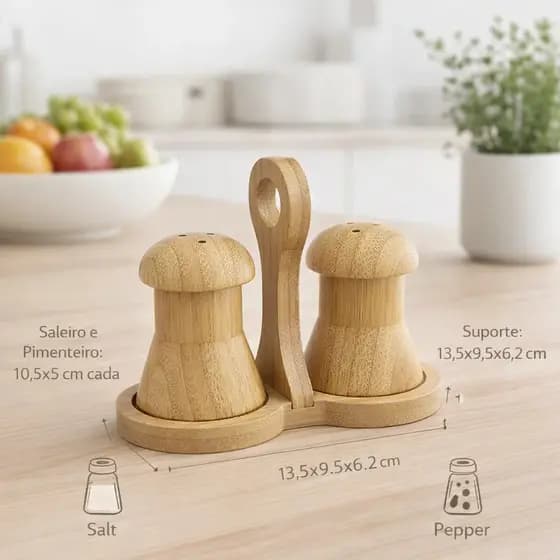 Conjunto de Saleiro e Pimenteiro de Bambu com Suporte - Design Moderno e Sustentável