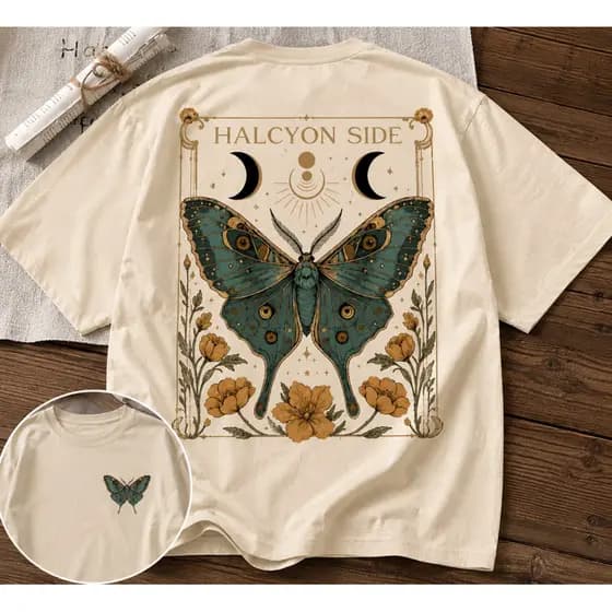 Camiseta Feminina Vintage Estampa Borboleta Frente e Costas Manga Curta Casual Streetwear