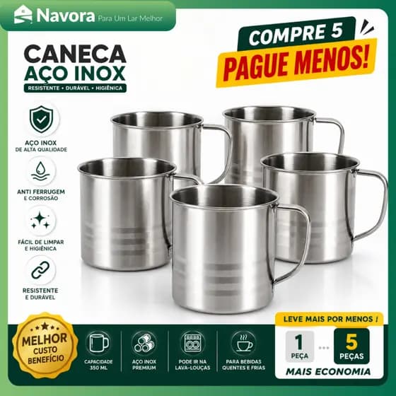 Caneca de Aço Inox Grande com Tampa Resistente Multiuso