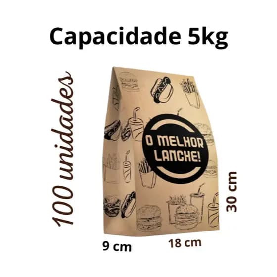 Saco De Lanche Papel Kraft Sos Ifood Hamburguer Batata Frita Delivery Tamanho M Resistente Capacidade 5Kg 100unidades