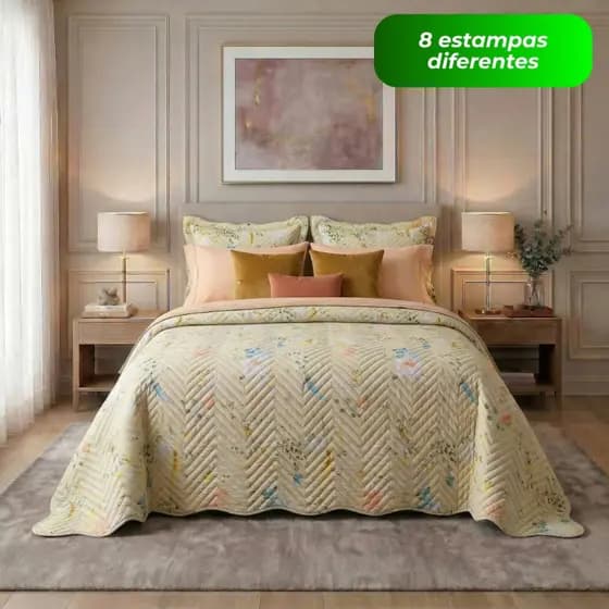 Kit Cobre Leito Colcha Queen 3 Peças Dupla Face Boutis Matelado Estampado Porta Travesseiro