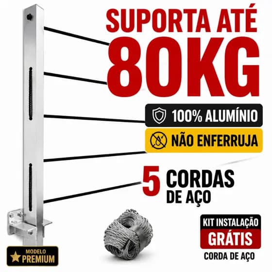Varal Retrátil de Parede em Aluminio Reforçado Kit Instalação Suporta 80kg