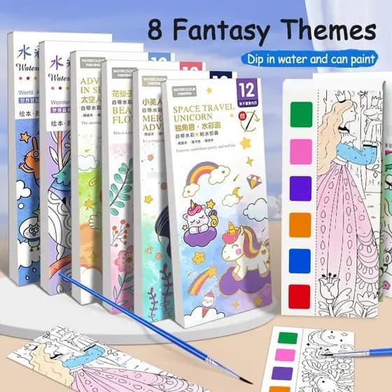 Livro de Pintura Aquarela Portátil Infantil 20 Folhas com Pincel para Colorir e Desenhar