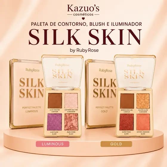 PALETA DE CONTORNO, BLUSH E ILUMINADOR SILK SKIN - RUBY ROSE | CORES GOLD E LUMINOUS | KAZUO’S COSMÉTICOS