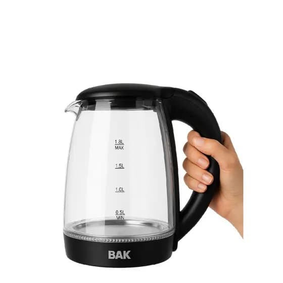 Chaleira Elétrica BAK 1,8L Vidro e Inox Aquecimento Rápido Desligamento Automático Base 360°