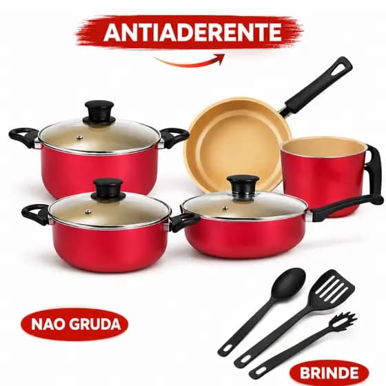 Jogo de Panela Antiaderente Alumínio 8 Peças Teflon Caçarola Frigideira Fervedor Tampa Vidro Não Gruda