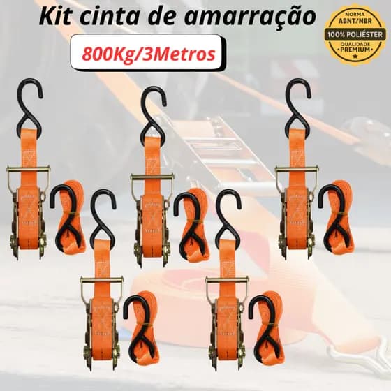 Kit 5/4/3/2/1 Cinta Catraca de amarração 800kg 3M 25mm Esticador Moto Jet Ski Carretinha Caminhonete