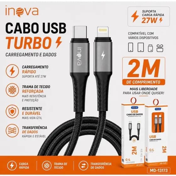 Carregador Turbo INOVA 27W com Cabo de Dados de 2 Metros