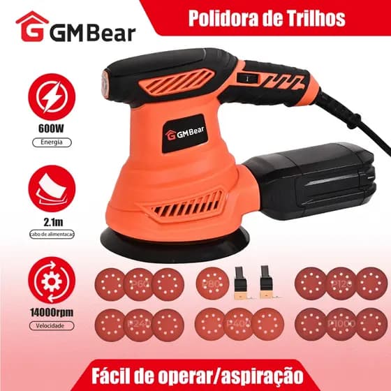 GM Bear Lixadeira Orbital 600W de 5 Polegadas Orbital Aleatória 14000RPM com 5 Lixas de Grãos Diferentes e Coletor de Pó