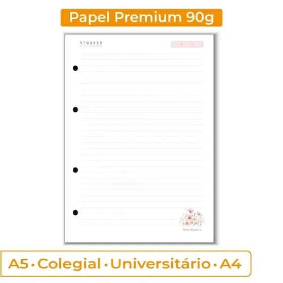 Folha de Fichário Premium 90g | A5, Colegial, Universitário ou A4 | Refil Para Fichário de 4 Furos
