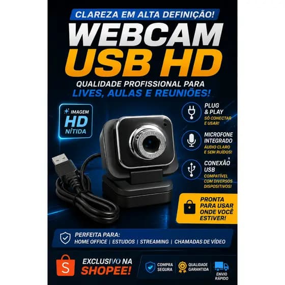 Webcam Full HD 1080p Ultra Qualidade - Widescreen USB, Ideal para Videoconferências