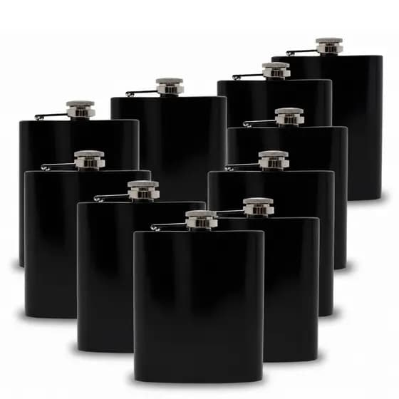 Kit 10 Porta Whisky Cantil 7oz Preto Aço Inox Compacto Elegante