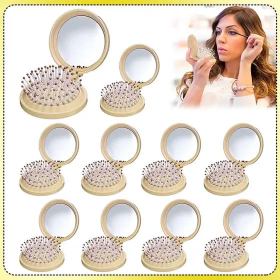 Kit 10 Marrom Escova de cabelo com espelho de maquiagem escova dobrável compacta escova de cabelo portátil para viagem