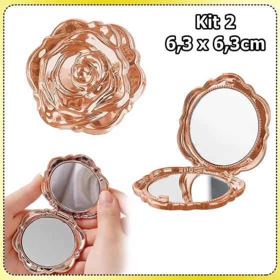 2x espelho de maquiagem com padrão de rosas espelho redondo espelho de bolso espelho duplo espelho dobrável Rosa Dourado