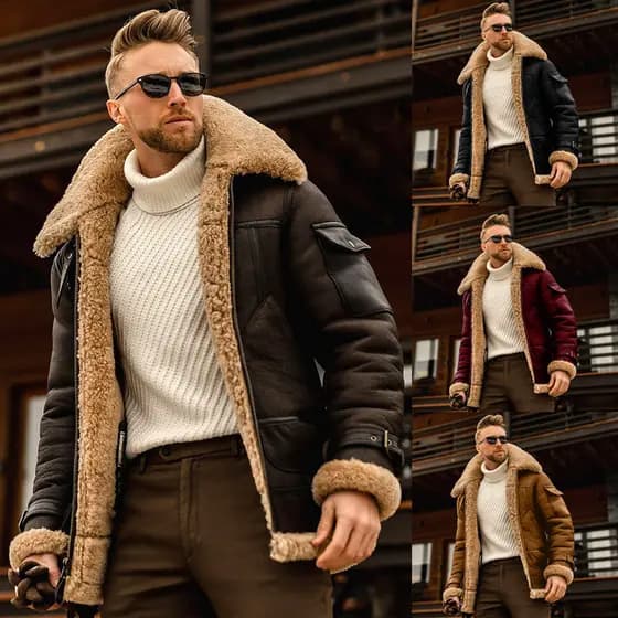 Novo Produto 2026: Jaqueta Masculina de Comprimento Médio Reforçada, Feita de Camurça Sintética e Pelo.