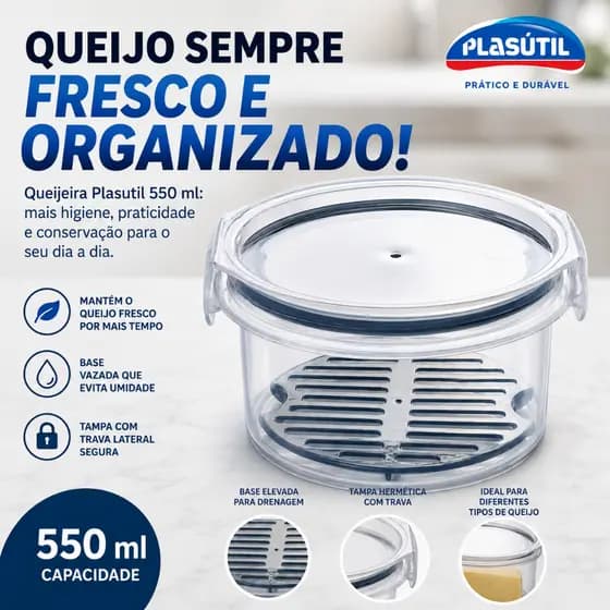 Pote Redondo - Queijeira Plasútil 550ml com Tampa Hermética e Base Drenante | Porta Queijo Transparente