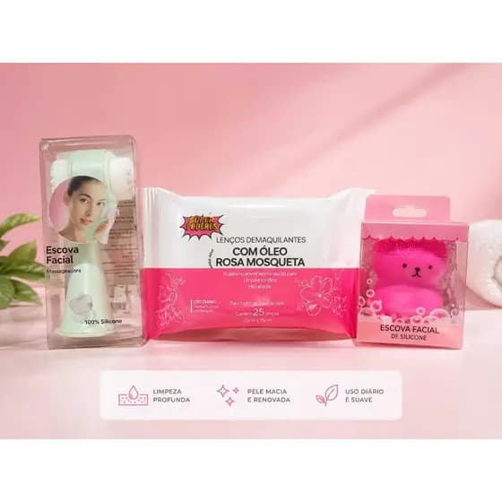 Kit para limpeza facial com esponja facial esfoliante, escova facial 2 em 1 e lenço demaquilante