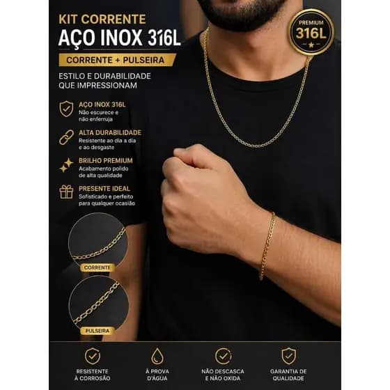 Kit Corrente Aço Inox 316L Dourada 1.2mm / 70cm e Pulseira Aço Inox 316L Dourado 1.2mm / 22cm