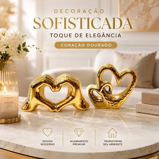 Enfeite Decorativo Escultura Decorativa Coração Dourado Enfeite de Mesa Decoração para Sala Quarto Escritório