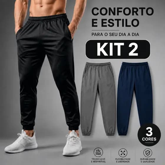 Kit 2 Calças Masculina Tactel com Elastano Jogger Esportiva Academia Slim Treino