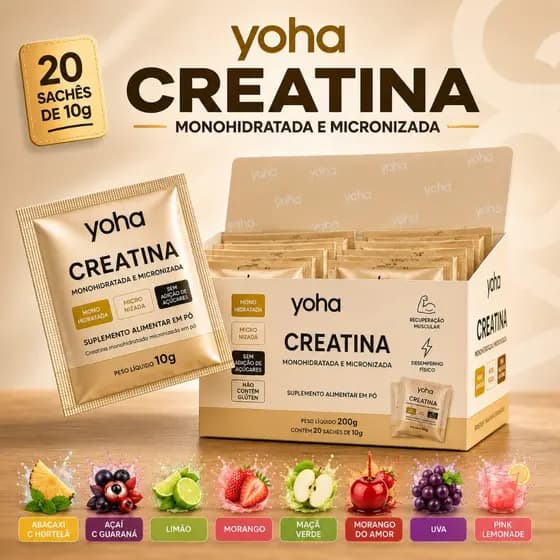 Creatina Yoha Sache Monohidratada Micronizada Gourmet Camila Loures Alta Pureza Sem Glúten Vários Sabores Pura