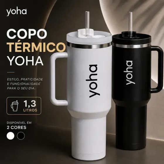 Copo Térmico Yoha 1,3 Litros Inox Com Tampa e Canudo Garrafa Térmica Academia Fitness Trabalho Carro Camila Loures