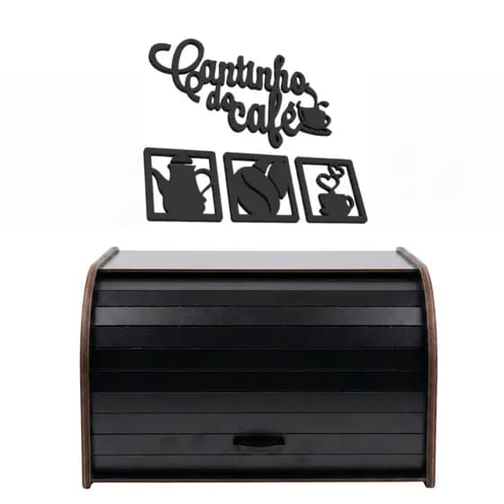 Porta Pães Preto Placa Cantinho do Café Decoração Funcional Pães Bolos e Bolachas Frescas