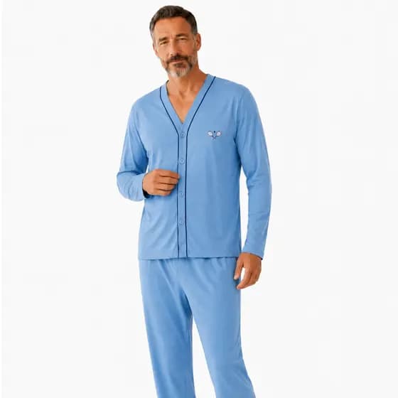 Pijama Masculino Aberto Manga Longa e Calça Comprida Pós Cirúrgico em Malha
