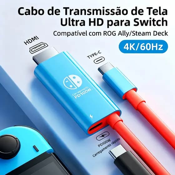 Cabo Tipo C para HDMI Nintendo Switch Projeção HD TV Adaptador Rápida 100W PD Carregamento