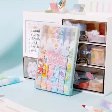 Marca-Texto Frutado – Kit 6 Cores com Aromas De Bebidas Marca Texto Kawaii Fofo Ideal Para Escola/Resumos/Personalização
