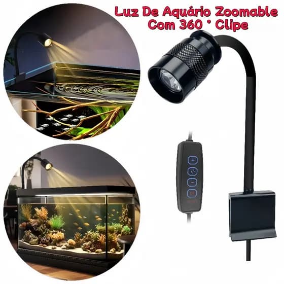 Mini Lâmpada de Aquário com Clipe 3W Ajustável Zoom à Prova D'água para Tanque de Peixes