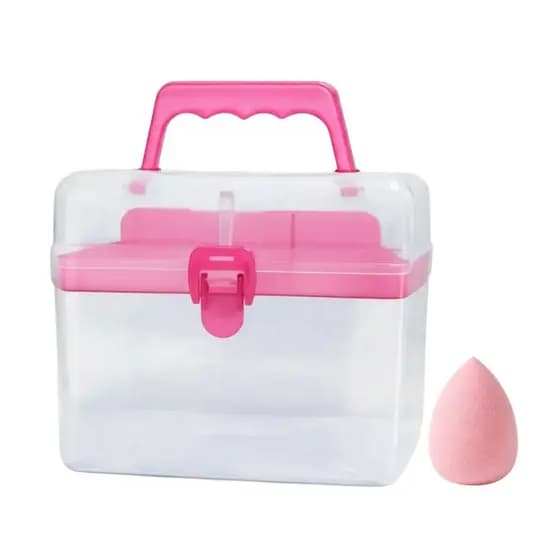 Maleta Rosa de Plástico Quadrada com Repartições + Esponja de Maquiagem em Látex Inclusa
